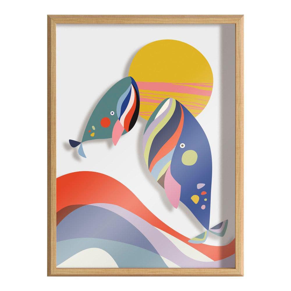 Modern Colorful Whales Framed Glass Art Print