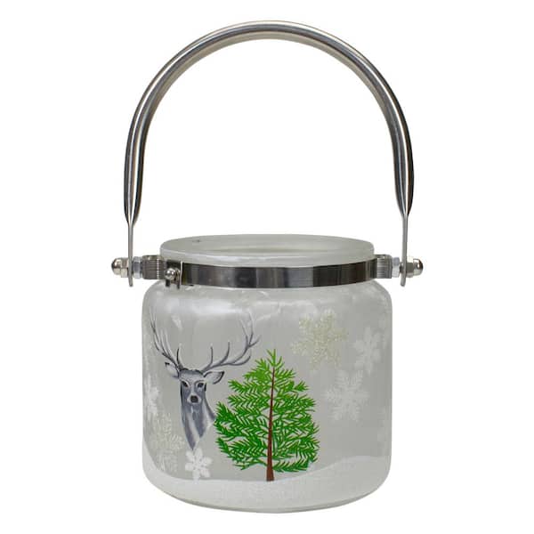 4 in. Deer Pine and Snowflakes Hand Painted Flameless Glass Candle Lantern