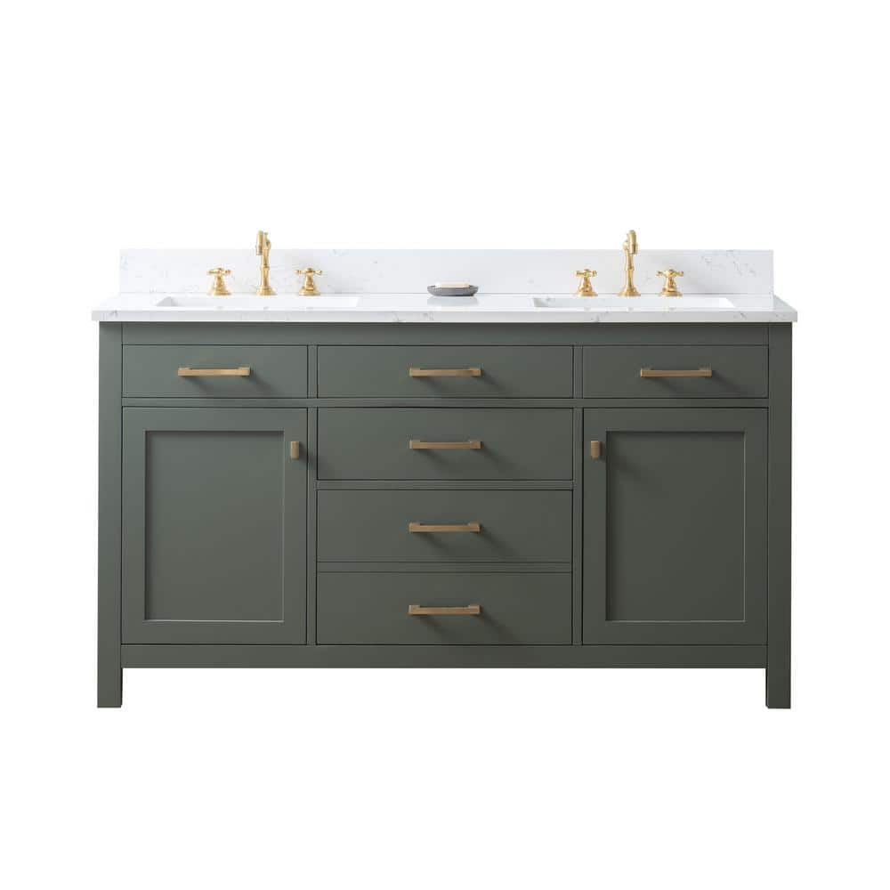 Vintage Green Solid Wood Double Vanity with Carrara White Top