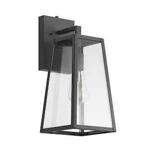 Modern 1-Light Black Dusk to Dawn Exterior Outdoor Lantern Hardwired Light Fixture Wall Sconce with Seeded Glass Shade