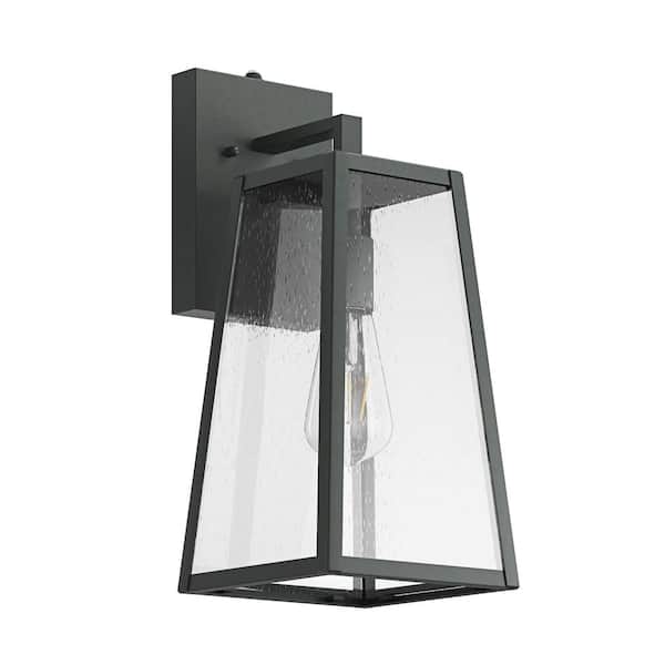 aiwen Modern 1-Light Black Dusk to Dawn Exterior Outdoor Lantern Hardwired Light Fixture Wall Sconce with Seeded Glass Shade