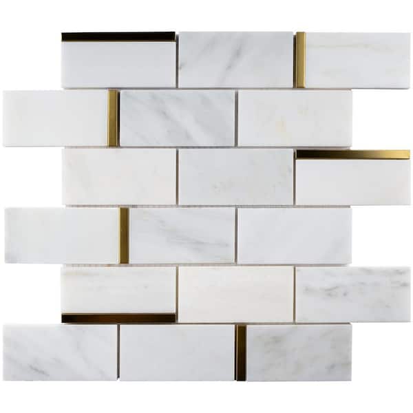 MOLOVO Natural Blanco White Gold 11.82 in. x 11.82 in. Brick Joint Polished Marble Mosaic Tile Sample