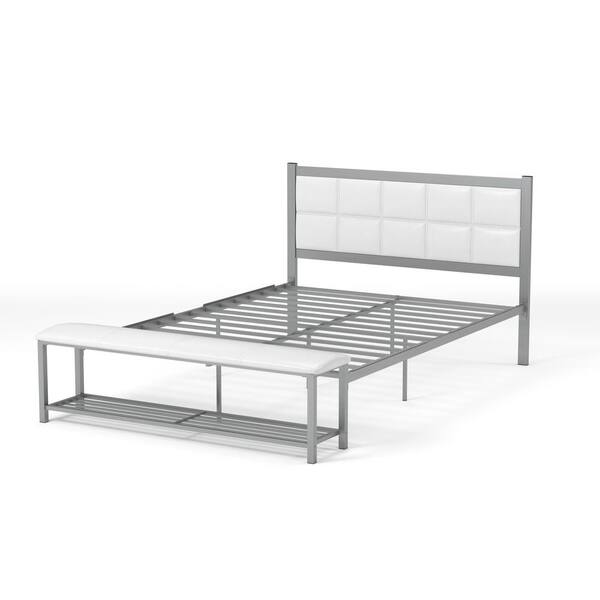 Furniture of America Karina White and Silver Full Metal Platform Bed with Attached Bench