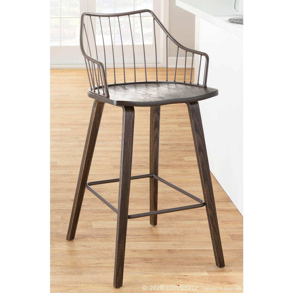Winston Dark Walnut Wood and Brown Metal Counter Stool