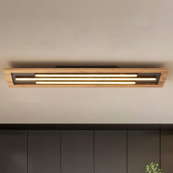 Hayden 31.5 in. 30-Watt Modern Black Rectangular Panel Wood Flush Mount Ceiling Light