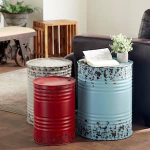 16 in. Multi Colored Nesting Large Cylinder Metal End Accent Table with Distressed Accents (3- Pieces)