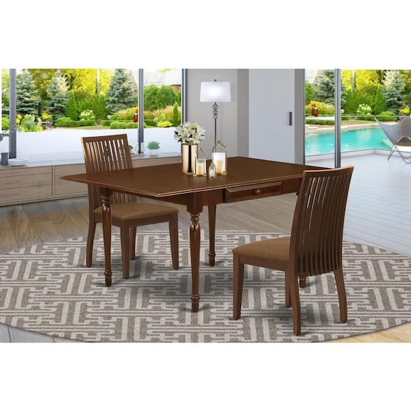 East West Furniture 3-Piece Mahogany Finish Solid Wood Top With Dropleaf Dining Table Set