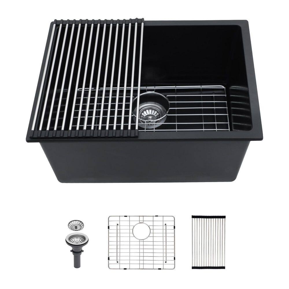 24 in. Undermount Single Bowl Black Quartz Kitchen Sink with Bottom Grids price history on PriceWatchPro