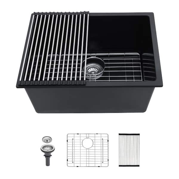 24 in. Undermount Single Bowl Black Quartz Kitchen Sink with Bottom Grids
