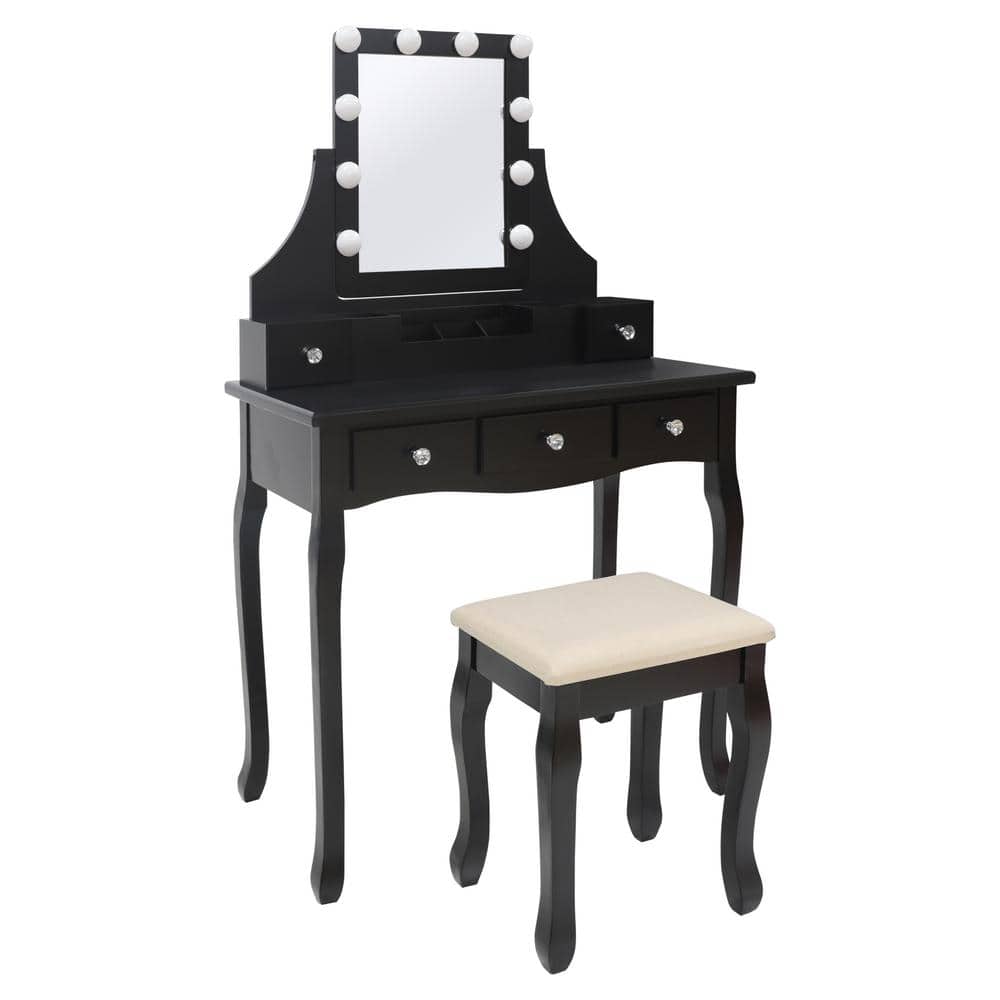 VEIKOUS Modern Wooden Black Makeup Vanity Sets Rectangle LED Light