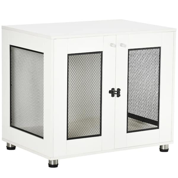 PawHut Dog Crate Furniture with Water-resistant Cushion, Dog Crate End Table with Double Doors, White