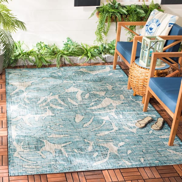 Courtyard Gray/Aqua 5 ft. x 8 ft. Border Indoor/Outdoor Patio  Area Rug