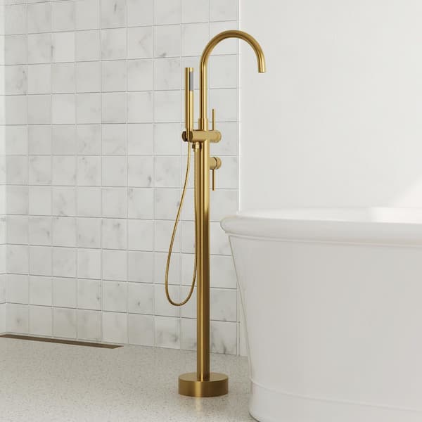 Double Handles Floor Mounted Free Standing Tub Faucets with Hand Shower in Brushed Gold (Valve Included)