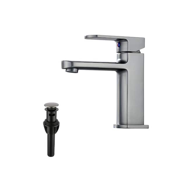 UPIKER Modern Single Handle Single Hole Brass Bathroom Faucet with Push-up Pop-up Drain in Black Stainless Steel