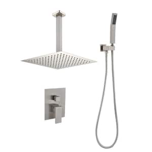 2-Spray Patterns with 2.5 GPM 12 in. Ceiling Mount Rainfall Dual Shower Heads with Hand Shower Faucet in Brushed Nickel
