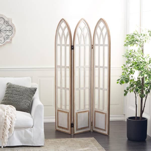 Litton Lane 6 ft. White 3-Panel Hinged Foldable Arched Partition Room Divider Screen with Window Pane Details