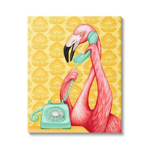 Flamingo Calling Telephone Groovy Flowers Wallpaper by Amelie Legault Unframed Animal Art Print 20 in. x 16 in.