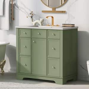 36 in. W x 18 in. D x 33.85 in. H Single Sink Freestanding Bath Vanity in Green with White Ceramic Top and Storage