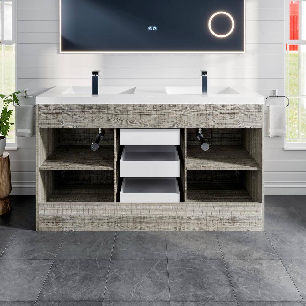 Ash Modern Freestanding Double Bathroom Vanity with White Acrylic Sink