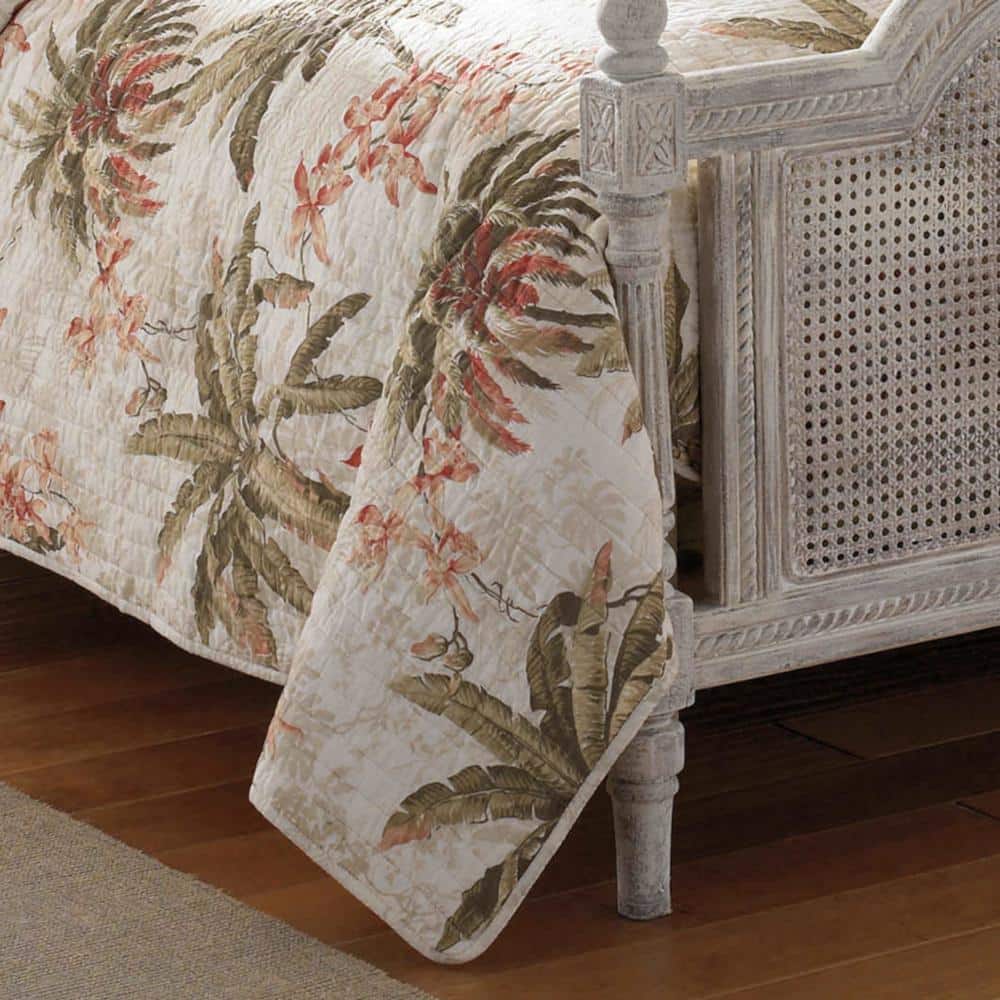 Tropical White Full/Queen Reversible Cotton Quilt Set with Palm Design