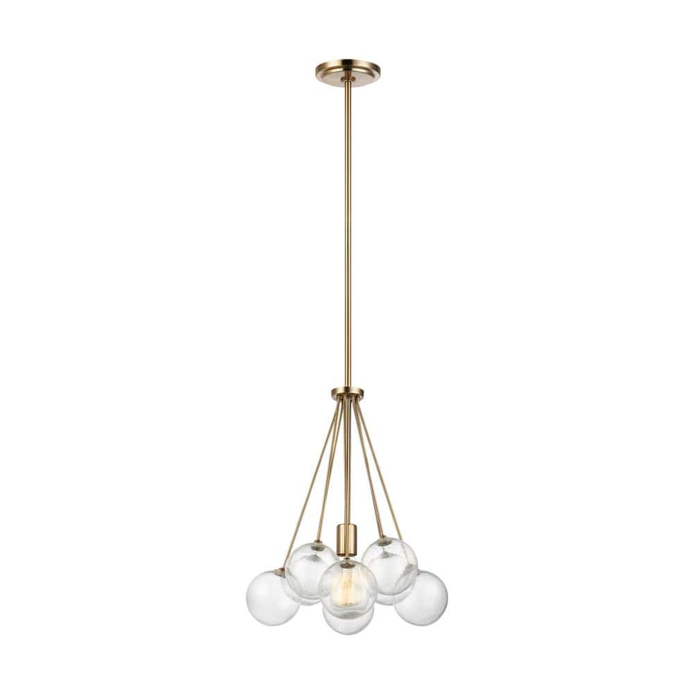 Elegant Mid-Century Satin Brass Globe Pendant with Seeded Glass