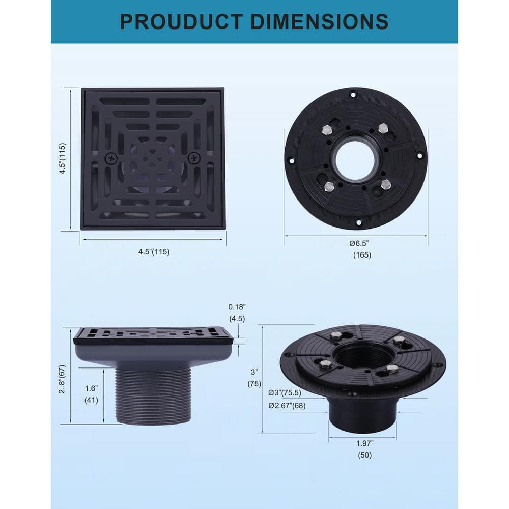 4.5 Inch Matte Black Stainless Steel Square Floor Drain