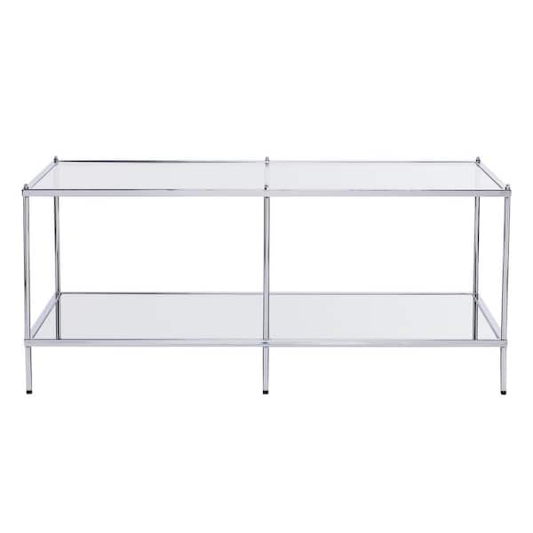 Southern Enterprises Pandora 43 in. Metallic Silver Large Rectangle Glass Coffee Table with Shelf