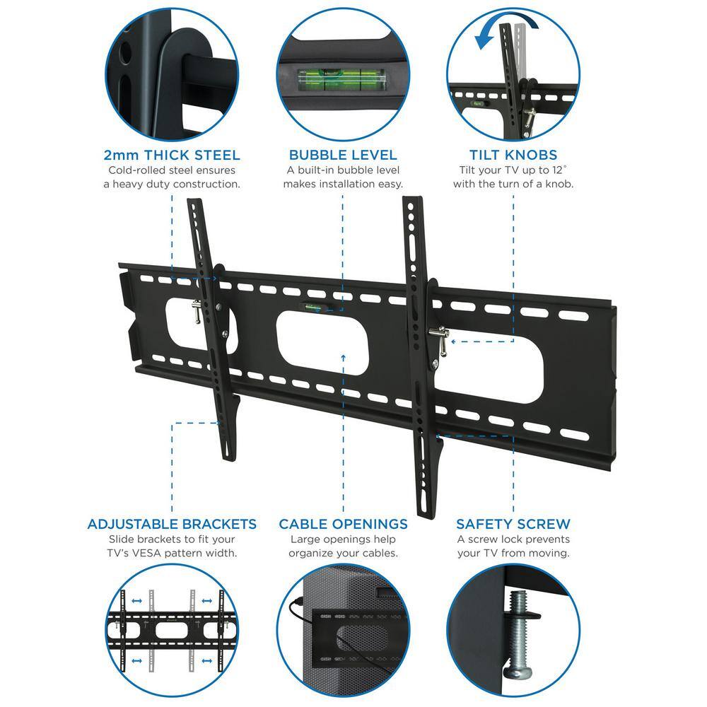 Black Steel Low-Profile Tilting TV Wall Mount for 42-90 inch Screens