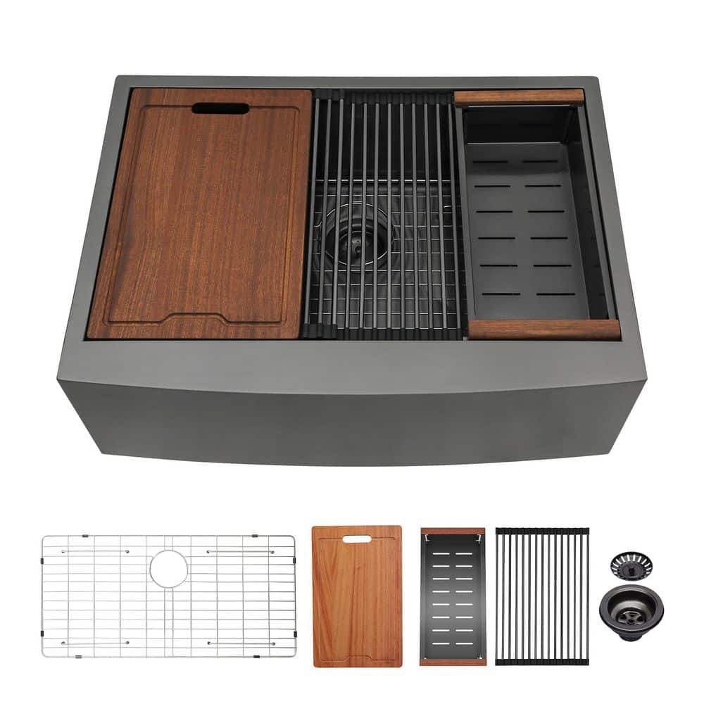 16-Gauge Stainless Steel 33 in. Single Bowl Farmhouse Apron Workstation Kit