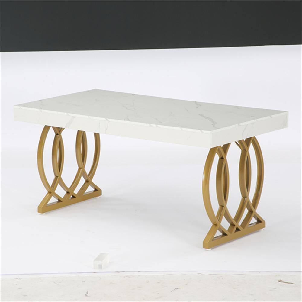 63 in. Rectangular White and Gold Wood Computer Desk with Metal Base, Modern Executive Office Desk Study Writing Table
