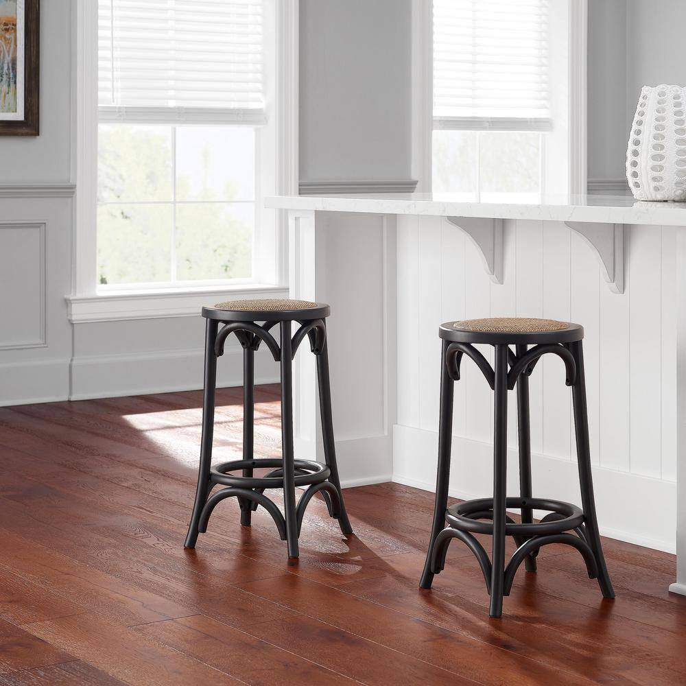 Home Decorators Collection Mavery Black Wood Backless Counter Stool with Woven Rattan Seat