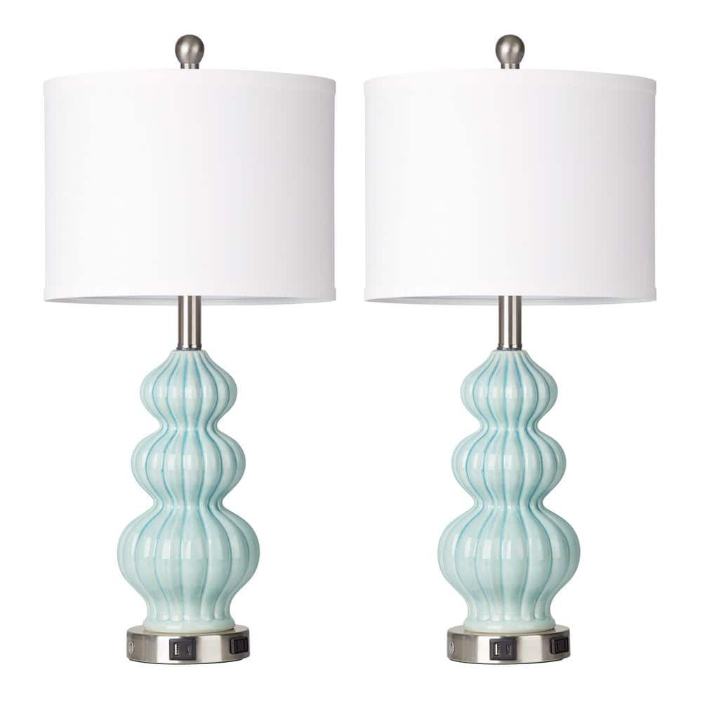 Cinkeda 25 in. Cyan Ceramic Table Lamp Set with USB, Type-C Ports and ...