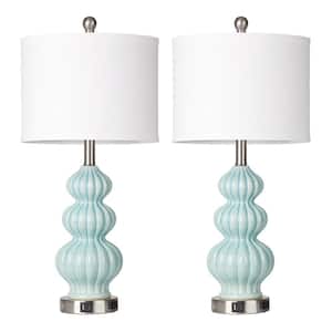 25 in. Cyan Ceramic Table Lamp Set with USB, Type-C Ports and AC Outlet