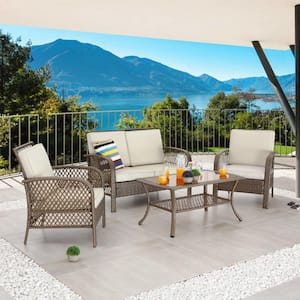 4-Piece Wicker Patio Conversation Set with Off-White Cushions