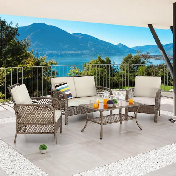 Patio Festival 4-Piece Wicker Patio Conversation Set with Off-White Cushions