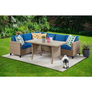 3-Piece Wicker Patio Sectional Sofa Set with Blue Cushions