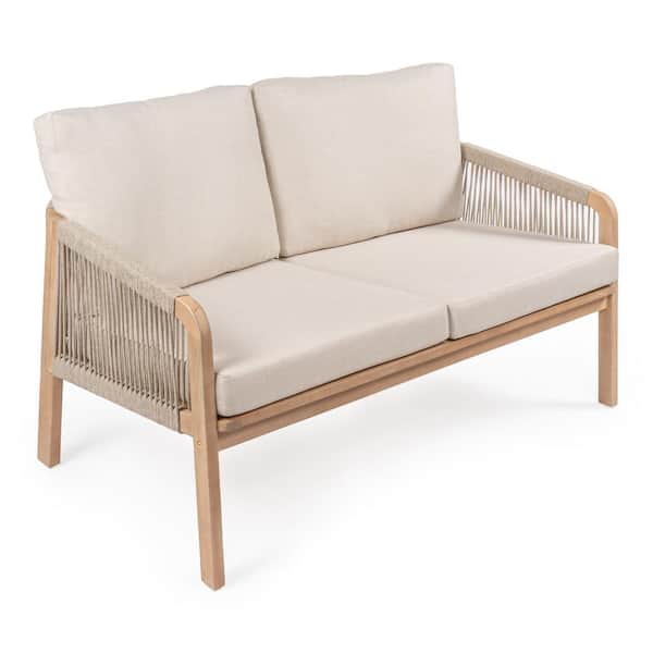 Arwen Modern Bohemian Roped Acacia Wood Outdoor Loveseat Beige/Light Teak with Cushions