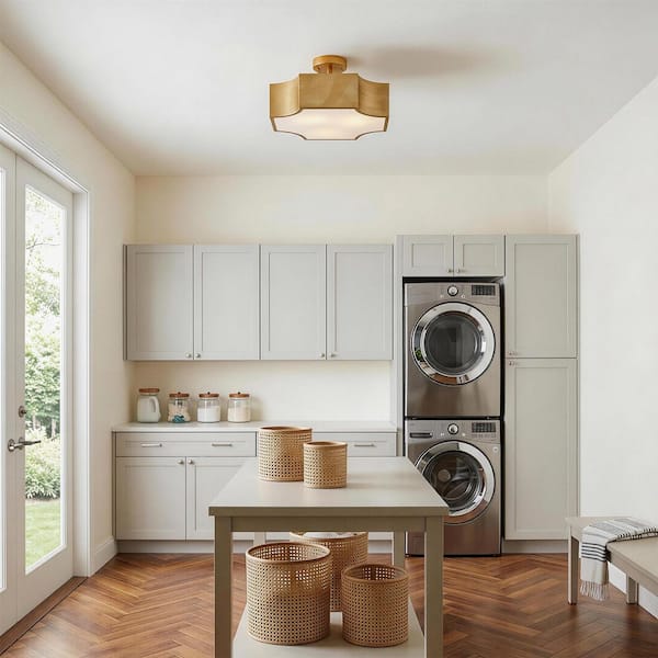 15 in. 3-Light Vintage Gold Metal Semi-Flush Mount with Shade