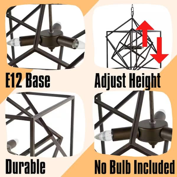 Takio Series 3-Light Matte Black Finish Geometric Frame Lantern Chandelier for Dining Room (No Bulbs Included)