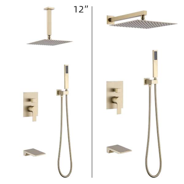 YASINU Single Handle 1-Spray Rain 12 in. Square Bathroom Tub and Shower Faucet in Brushed Gold (Valve Included)