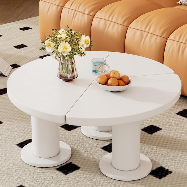 CSC DECOR INC Cream Style 39.4 in. White Round MDF Coffee Table with 3 Thick Legs Sleek Round Edges for Living Room
