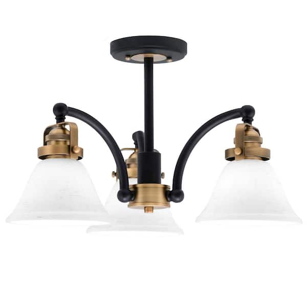 Unbranded Decatur 17.25 in. 3-Light Black and Brass Semi-Flush with 7 in. White Muslin Glass Shade No Bulbs Included