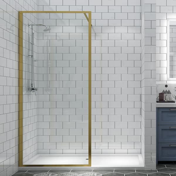 ES-DIY 34 in. W x 74 in. H Fixed Single Panel Framed Shower Door in Gold Finish with Clear Glass