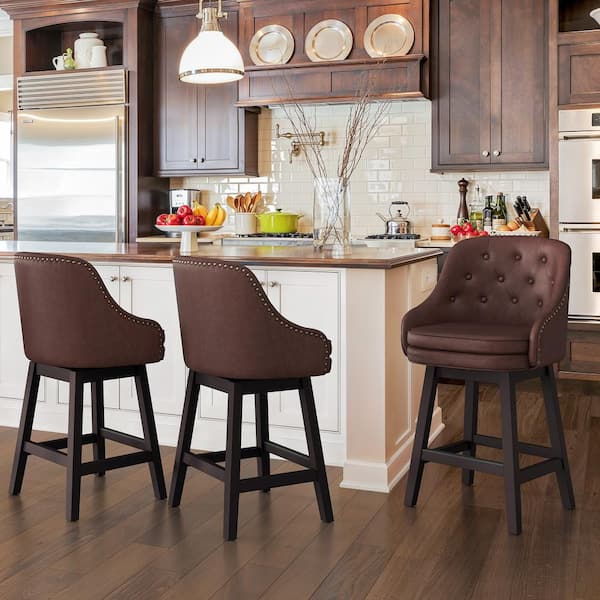 26 in. Dark Reddish Brown Faux Leather Swivel Barstool Solid Wood Frame Double Cushion Counter Height Bar Stool Set of 3