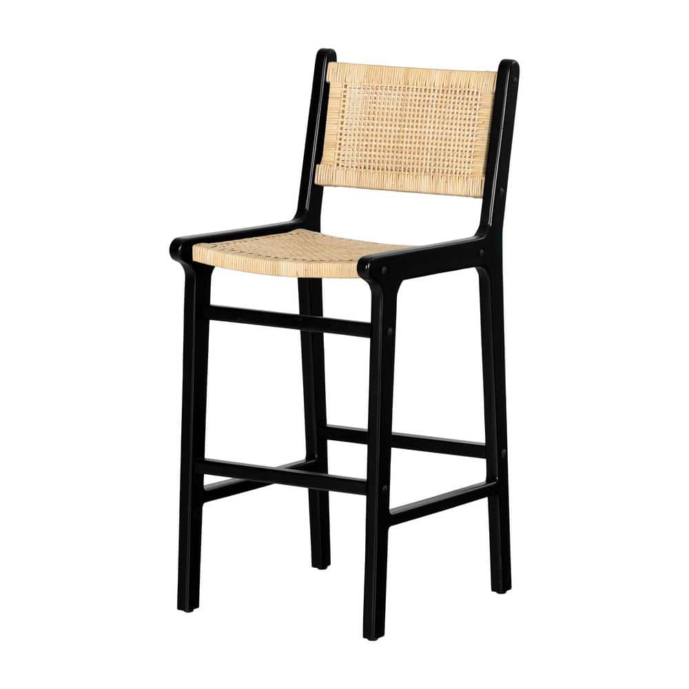 Balka 43" Black and Natural Rattan Teak Bar Stool