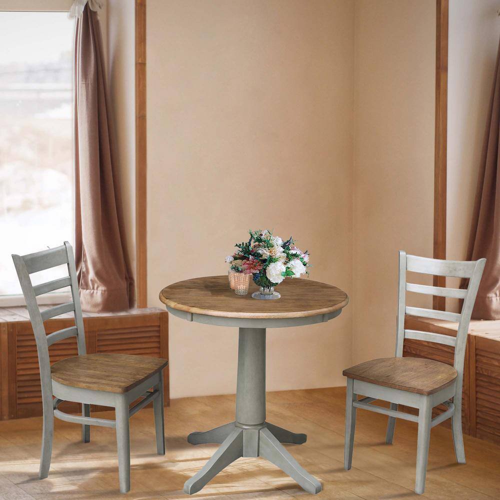 30'' Round Hickory and Stone Solid Wood Dining Table with 2 Ladder Back Chairs