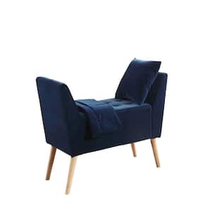 27 in. Navy Blue Mid-Century Storage Bench with Pillow and Blanket