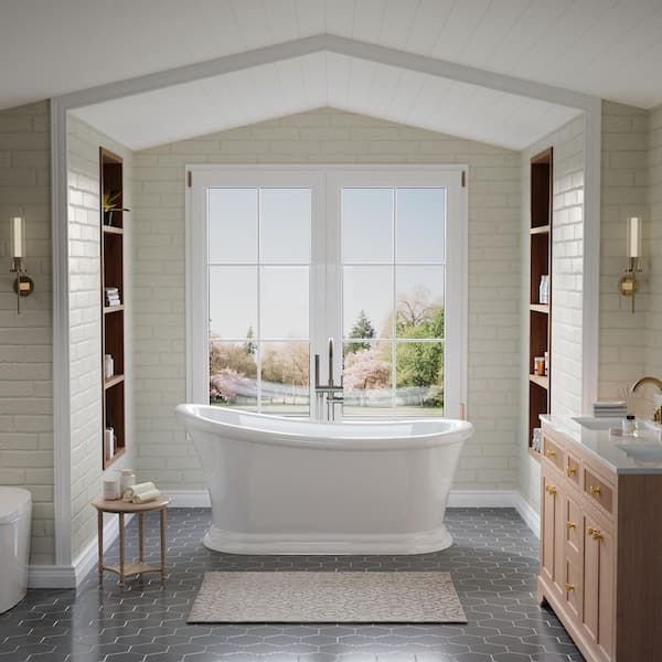 York 67 in. x 29 in. Acrylic Flat Bottom Retro Roll Top Oval Soaking Bathtub with Bathtub Drain in Glossy White