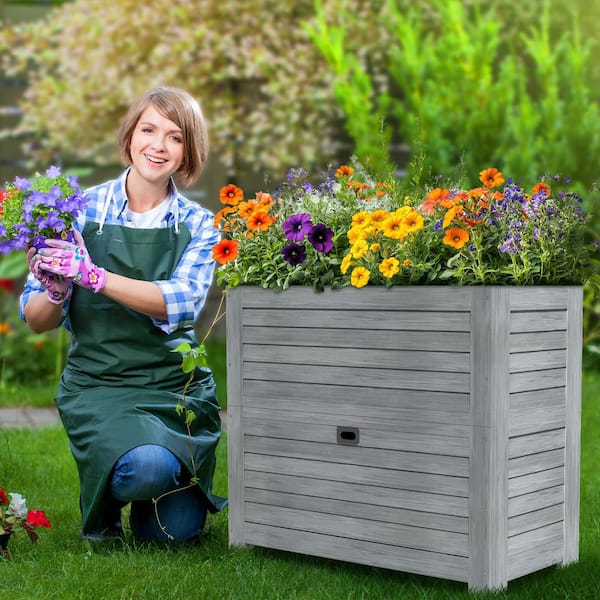Raised Garden Bed with Storage 34 in. x 18 in. x 30 in. Wood Planter Box Large Planter Stand Box (Gray 2-Pack）