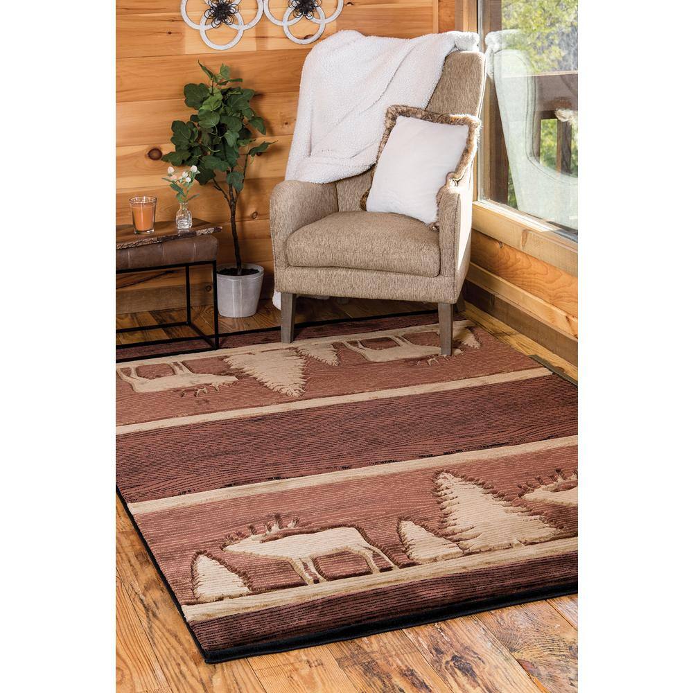 Hand-Carved Brown Lodge Rug with Deer and Tree Design, 31" x 50"